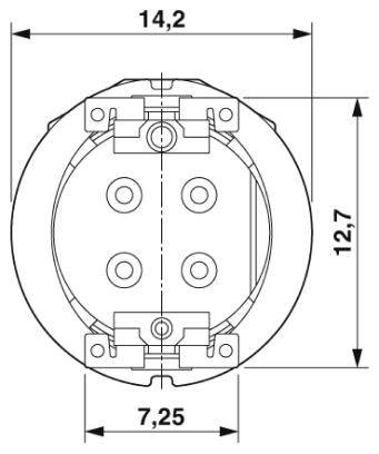 Technische Zeichnung eines runden, vierpoligen Steckverbinders, Durchmesser 14,2 mm und Höhe 12,7 mm, Breite 7,25 mm.