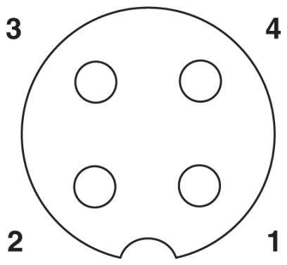 Diagramm eines kreisförmigen Steckverbinders mit vier nummerierten Pins. Pins sind gleichmäßig um Kreis verteilt und von 1 bis 4 nummeriert.