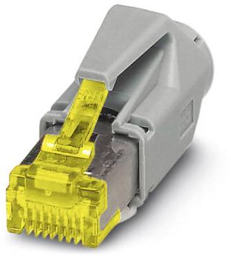 Graues RJ45-Stecker mit gelbem Verriegelungsclip, zur Verwendung in Netzwerkkabeln für Ethernet-Verbindungen in Netzwerkinstallationen.