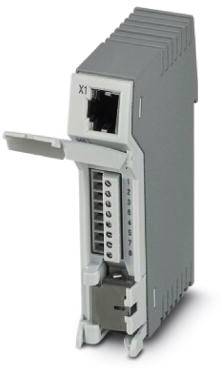 Ein graues elektronisches Modul, vermutlich Teil eines Netzwerksystems, mit einem geöffnetem Anschluss und nummerierten Eingängen.