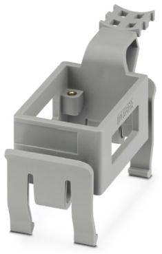 Graues Kunststoffhalterungselement, rechteckig, mit gebogenem Oberteil und zwei stützenden Beinen, geeignet zur Befestigung.