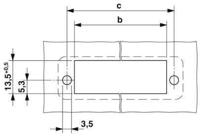 Technische Zeichnung eines rechteckigen Schlitzes mit zwei Löchern. Maße: 13,5 mm hoch, 5,3 mm zwischen Löchern, Breiten b und c angegeben.