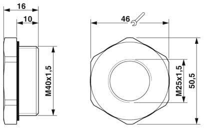 Montagezeichnung einer sechseckigen Mutter mit den Maßen: M40x1,5, 50,5 mm Breite, 46 mm Schlüsselweite, M25x1,5.