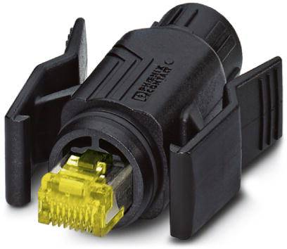 Schwarzer Netzwerkadapter mit gelbem RJ45-Stecker, der für Ethernet-Verbindungen verwendet wird, auf neutralem Hintergrund.