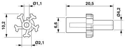 Technische Zeichnung eines sechszackigen Zahnrads mit Maßen: 10,2 mm Höhe, 20,5 mm Länge. Seitliche Zahnraddetails und Durchmesser angegeben.