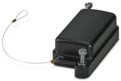 Schwarzes rechteckiges Metallgehäuse mit zwei Schrauben und einem dünnen Drahtseil, das an einer Öse befestigt ist.