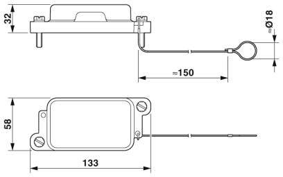 Technische Zeichnung eines Sensors. Oben mit Abmessungen: 32 mm Höhe, 150 mm Länge, 18 mm Durchmesser des Kabels, 133 mm Breite.