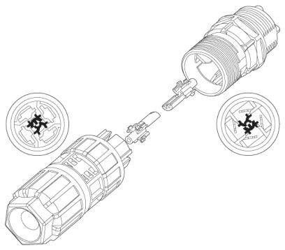 Zeichnung von zwei zylindrischen Steckverbindern, die sich einander nähern. Mitte: zentraler Kontaktstift. Links und rechts: Symbol-Anzeigen.