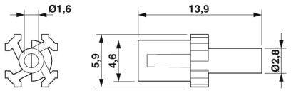 Technische Zeichnung eines sechszackigen Zahnrads mit Maßen: Durchmesser 1,6 mm, Gesamtlänge 13,9 mm, andere Maße 5,9 mm und 4,6 mm.