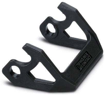 Ein schwarzes Kunststoffteil mit zwei oberen Löchern und einer Aufschrift auf der Seite.