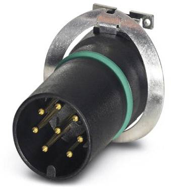 Ein schwarzer Rundstecker mit mehreren goldenen Steckkontakten, umgeben von einem silbernen Metallring. Geignet für elektrische Verbindungen.