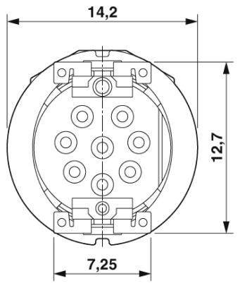 Technische Zeichnung eines runden Steckverbinders mit sechs Pins. Durchmesser 14,2 mm, andere Maße 12,7 mm und 7,25 mm.
