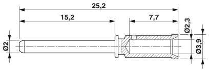 Technische Zeichnung eines Stifts mit Maßen. Gesamtlänge 25,2 mm, Durchmesser 2 mm. Markierungen bei 15,2 mm und 7,7 mm, Endstück Ø3,9 mm x Ø2,3 mm.