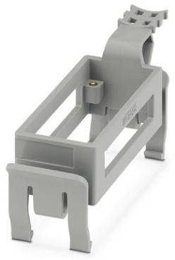 Graues, rechteckiges Kunststoffbauteil mit mehreren Öffnungen und Befestigungselementen, vermutlich eine Halterung oder Haltevorrichtung.