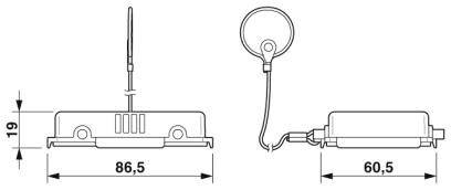 Zeichnung eines rechteckigen elektronischen Geräts mit Antenne. Maße: Breite 86,5 mm, Höhe 19 mm, Tiefe 60,5 mm.