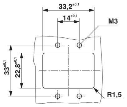 Technische Zeichnung eines rechteckigen Bauteils mit Bohrungen. Maße: Breite 33,2 mm, Höhe 33 mm. Details: R1,5, M3-Gewinde.