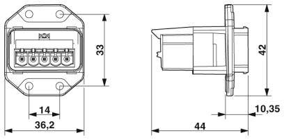 Diagramm eines elektrischen Steckverbinders mit seitlicher und vorderer Ansicht. Größenangaben in Millimetern sind an verschiedenen Punkten dargestellt.