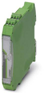 Ein grünes elektronisches Modul, wahrscheinlich ein Schaltschrank-Bauteil, mit Anschlüssen oben.