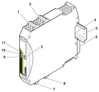 Technische Zeichnung eines elektronischen Geräts mit beschrifteten Teilen 1-11. Fokus auf Anschlüsse und Befestigungselemente.