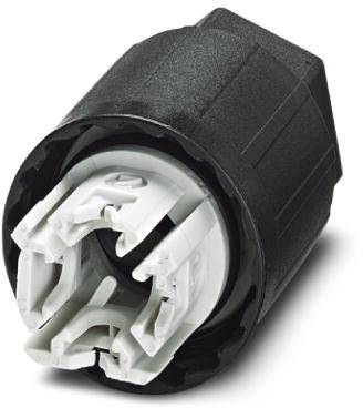 Ein schwarzer zylindrischer Steckverbinder mit weißen Innenteilen. Er dient zur elektrischen Verbindung in technischen Geräten.