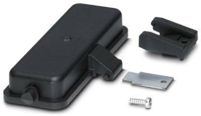 Ein schwarzes Gehäuse mit einem abnehmbaren Deckel, Schraube und Metallclip. Bestandteil eines Elektronik- oder Hardwareprodukts.