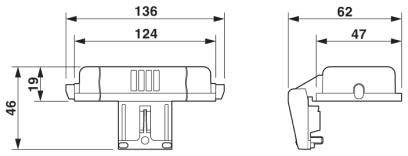 Technische Zeichnung eines Bauteils mit Maßen: Länge 136 mm, Breite 62 mm, Höhe 46 mm. Seitliche und frontale Ansicht.