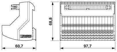 Technische Zeichnung eines elektrischen Anschlussmoduls von Phoenix Contact mit Bemaßungen: Breite 60,7 mm, Höhe 68,8 mm, Länge 97,7 mm.