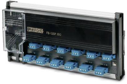 Ein schwarzes Modul mit dem Aufdruck 'PHOENIX CONTACT F8-12SP ISO' und mehreren blauen Anschlussklemmen.