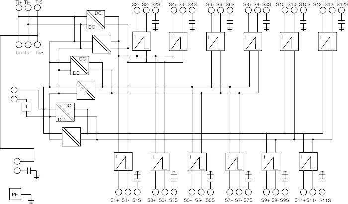 Elektrischer Schaltplan mit Schützen, Relais und Sensoren, zeigt Verbindungslinien zwischen verschiedenen elektrischen Komponenten.