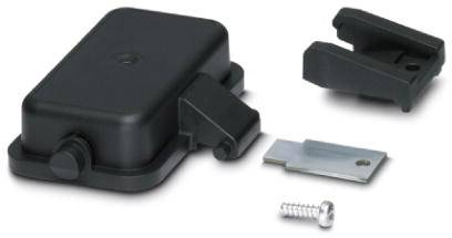 Schwarzes rechteckiges Kunststoffgehäuse mit abnehmbaren Teilen, Metallklemme und Schraube, möglicherweise ein elektronisches Gehäuse.