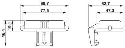 Technische Zeichnung eines Geräts mit den Maßen: Breite 88,7 mm, 77,5 mm; Höhe 46,4 mm; Tiefe 62,7 mm, 47,3 mm. Profilansicht links und vorne.