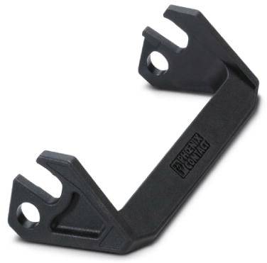 Schwarze Kunststoffhalterung mit Haken an beiden Enden und Loch zur Befestigung, auf der 'Phoenix Contact' steht.