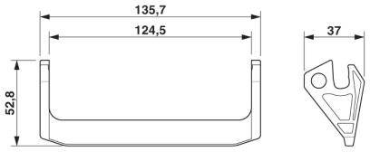 Technische Zeichnung eines U-förmigen Metallteils mit Maßen: Breite 135,7 mm und 124,5 mm innen, Höhe 52,8 mm, seitliches Profil 37 mm.