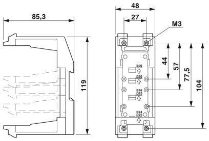 Technische Zeichnung eines elektrischen Geräts mit Bemaßungen in Millimetern. Zeigt Vorder- und Seitenansicht mit spezifischen Abständen.