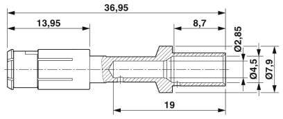 Technische Zeichnung eines zylindrischen Teils mit Abmessungen: Länge 36,95 mm, Durchmesser 2,85 mm und 7,9 mm an verschiedenen Stellen.