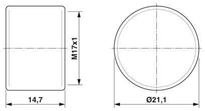 Technische Zeichnung von zwei Ansichten eines Bauteils: Links ein Rechteck mit Bemaßung 14,7 und M17x1, rechts ein Kreis mit Durchmesser Ø21,1.