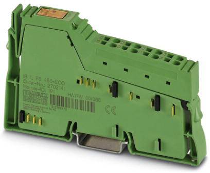 Grünes elektronisches Modul mit mehreren Anschlussklemmen und technischen Spezifikationen auf der Seite.