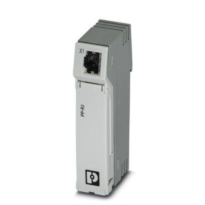 Ein graues elektronisches Modul mit einem Ethernet-Anschluss, markiert mit 'PP-RJ' und einem Symbol, wahrscheinlich ein Industrieprodukt.