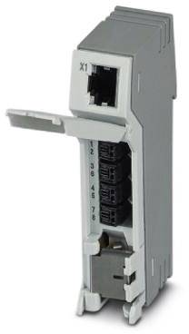 Ein grau-weißes elektronisches Modul mit einer Klappe, die vier Steckverbindungen freigibt. Oben ist ein Netzwerkanschluss (X1).