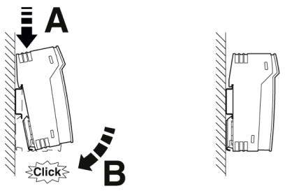 Diagramm zeigt, wie eine Komponente (A) nach unten gedrückt und dann (B) gekippt wird, bis sie einrastet.