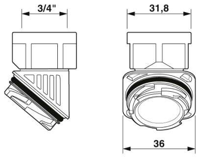 Diagramm einer Verschraubung mit zwei Ansichten. Linke Ansicht zeigt Winkel mit 3/4 Zoll Anschluss. Rechte Ansicht zeigt Durchmesser 31,8 und 36 mm.