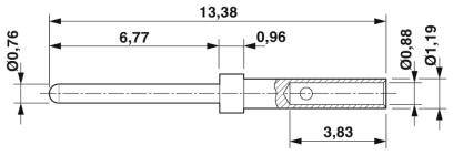 Technische Zeichnung eines Stiftes mit Maßen in Millimetern: Gesamtbreite 13,38, Durchmesser 0,76 und 0,88, verschiedene Abschnittslängen markiert.