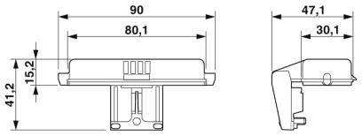 Technische Zeichnung einer rechteckigen Komponente mit Maßen: Breite 90 mm, Tiefe 47,1 mm, Höhe 41,2 mm. Details: Bohrungen unten.