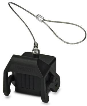 Schwarzes Kunststoffgehäuse mit Metallkabel und Haken; vermutlich ein Sicherungszubehör zur Befestigung an Geräten oder Werkzeuge.