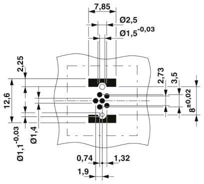 Technische Zeichnung mit Maßen und Bohrungsdurchmessern. Die Abbildung zeigt präzise Platzierungen und Größen von Bohrungen in einem Bauteil.
