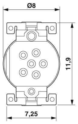 Technische Zeichnung eines Steckverbinders mit Maßen: Durchmesser 8 mm, Höhe 11,9 mm, Breite 7,25 mm. Sechs Kontakte sichtbar.
