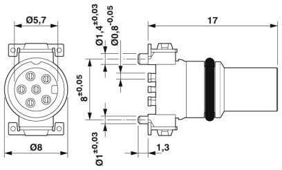 Technische Zeichnung eines siebenpoligen Steckverbinders mit Maßen in Millimetern, einschließlich Durchmesser und Abstandsangaben.