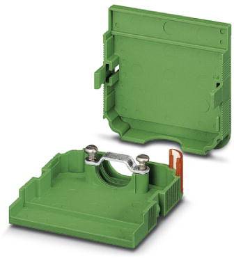 Grüner elektrischer Steckverbinder in zwei Teilen; ein Teil liegt flach, der andere ist aufrecht. Beide Teile haben Klemmen.