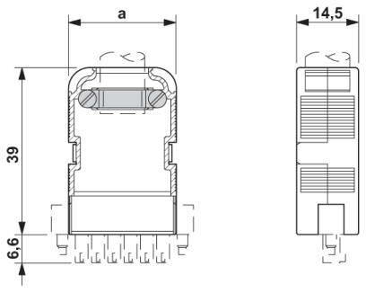 Technische Zeichnung eines Steckverbinders mit Bemaßung: Breite 14,5 mm, Höhe 39 mm, Tiefe 6,6 mm, Abstand 'a' variabel.