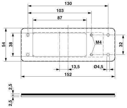 Technische Zeichnung einer rechteckigen Metallplatte mit Abmessungen: 130 mm Länge, 54 mm Breite. Schraublöcher bei M4 und Ø 4,5 mm.